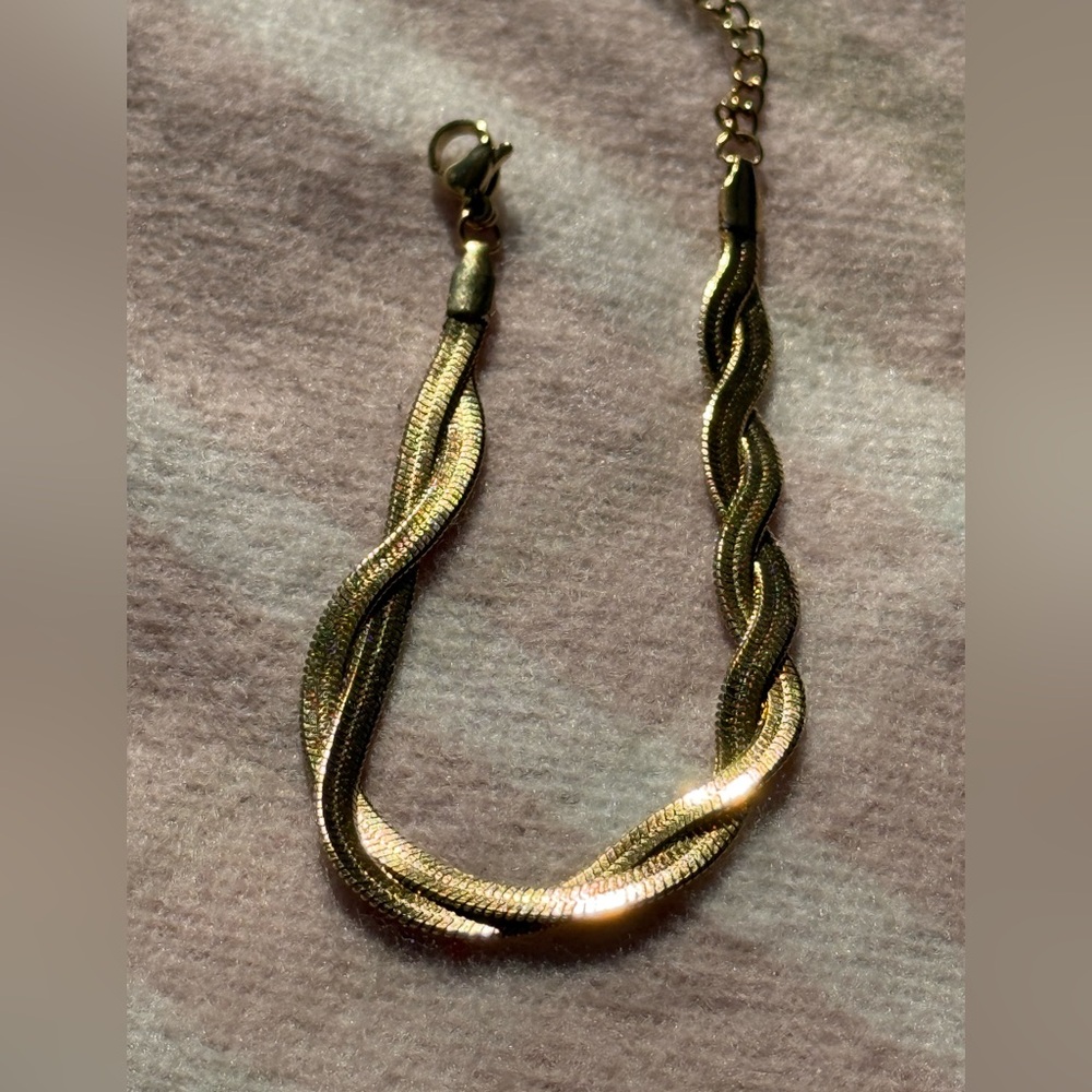 Braided New Herringbone Necklace Bracelet
 Gold 18K plated Set Stainless Steel - Picture 15 of 15